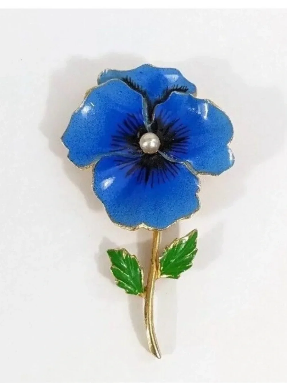 Blue Pansy Flower Shaped Brooch - Enamel And Gold Toned Vtg